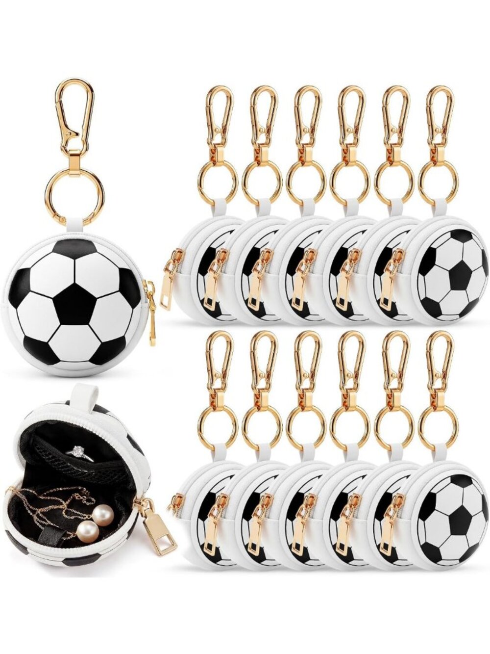 12-Pack Soccer Keychain Jewelry Holder & Ring Keeper Travel Case, Organizer